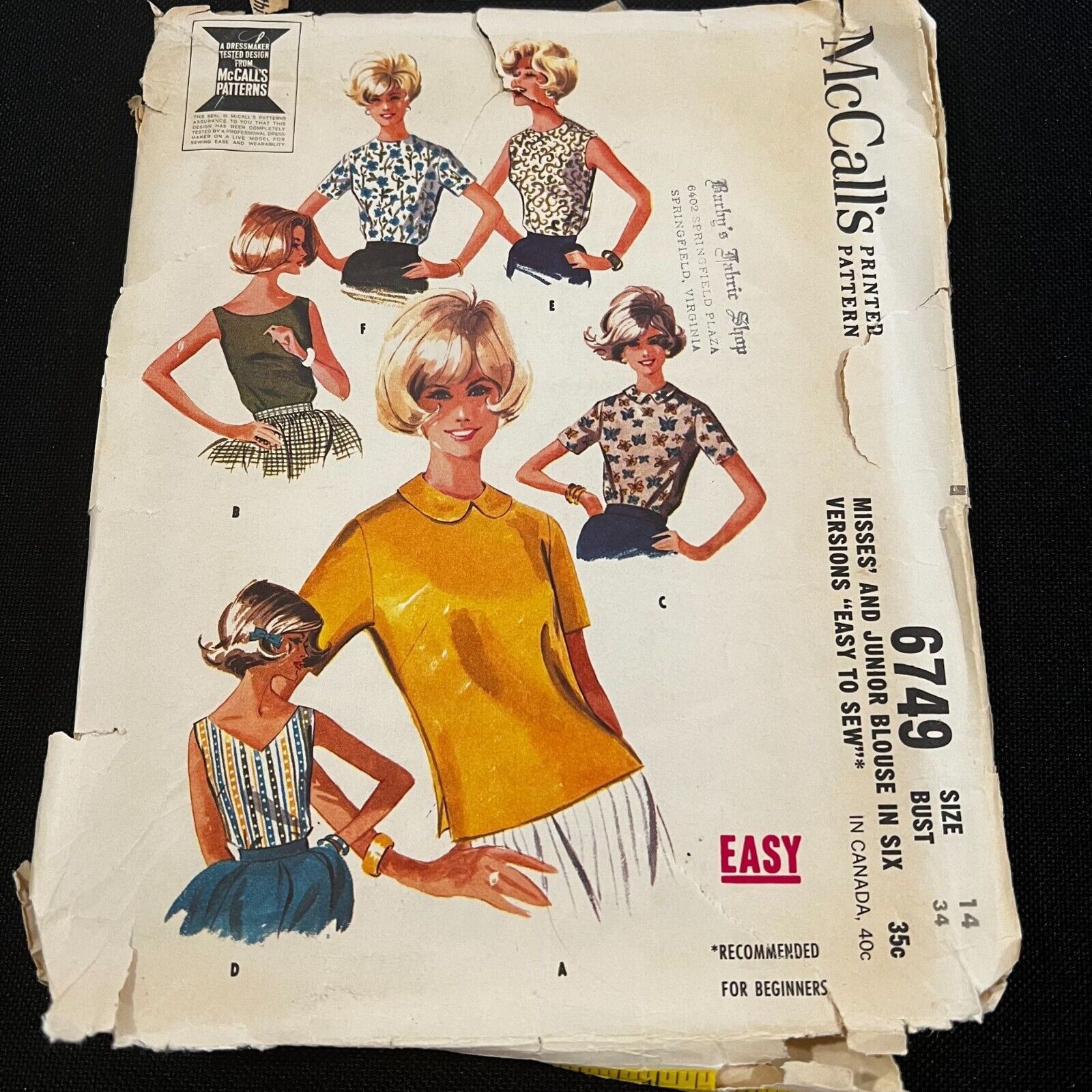 Vintage McCall&#39;s Sewing Pattern 6749 Blouse Size 14 Easy to Sew 1960s - $7.68