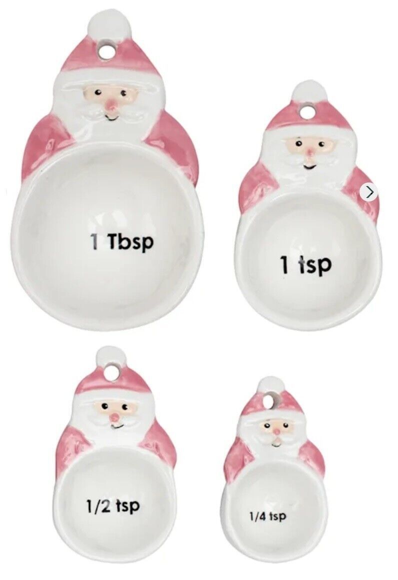 Primary image for Mrs. Claus Bakery Christmas Retro Pink Santa 4pc Ceramic Measuring Spoon Set New