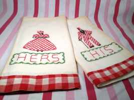 Darling Vintage Stylish Man &amp; Woman His and Hers Red Gingham Trim Cotton Towels - £15.98 GBP