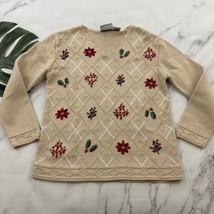 Liz Claiborne Womens Vintage Holiday Sweater Size S Petite Tan Red Holly... - £26.10 GBP