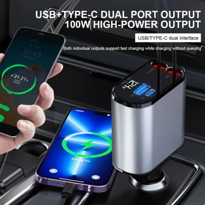 4-in-1 Fast Charge Car Charger with Retractable USB Type C Cable - £23.28 GBP