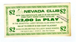 Nevada Club $2.00 Bingo Party Card  Certificate 1950&#39;s Las Vegas Nevada  - £8.70 GBP