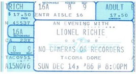 Vintage Lionel Richie Ticket Stub Décembre 14 1986 TACOMA Dôme Washington - £36.92 GBP