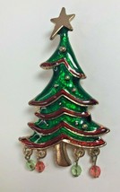 Enameled Christmas Tree Pin Brooch with Ornament Bead Dangles  - £18.32 GBP