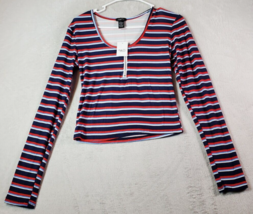 rue21 Shirt Top Women Large Multi Striped Polyester Long Sleeve Round Neck Zip - £6.89 GBP