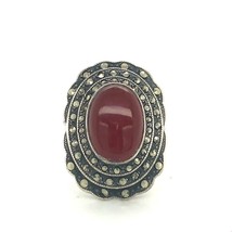 Vintage Signed Sterling Uncas Art Deco Oval Carnelian Marcasite Ring Band 8 1/4 - £42.57 GBP
