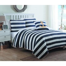 UN3 4 Piece Gold Navy Blue White Full Queen Quilt Set Rugby Striped Themed - £93.89 GBP