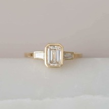 2CT Emerald Cut Moissanite Engagement Ring, Side Tapered Baguette Bezel Ring Set - £98.94 GBP