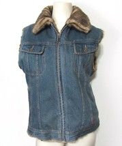 Espirit Reversible Faux Fur Jean Vest Large Blue Jean Jacket L Vintage 90&#39;s y2k - £30.92 GBP