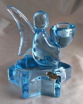 Vintage BOHEMIA Glass Blue Angel Figurine Candle Holder, Star Base w/ St... - $14.60
