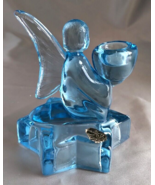 Vintage BOHEMIA Glass Blue Angel Figurine Candle Holder, Star Base w/ St... - $14.60