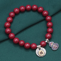 Cinnabar Beaded Bracelet With Sterling Silver Gourd And Fu Charm,Gift For Her - £29.97 GBP