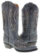 Womens Western Wear Boots Denim Blue Leather Silver Sequin Wing Size Size 4.5, 5 - £66.22 GBP