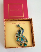 Charter Club Peacock Brooch Pin Aqua &amp; Green Crystals Faceted Stones &amp; Enamel - £10.75 GBP