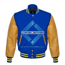 New Varsity Royal Blue Letterman Wool Jacket with yellow Real Leather Sleeves - £71.12 GBP