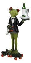 Green Toad Frog Silver Service Butler With Wine Glass And Bottle Figurine 7&quot;H - £16.20 GBP