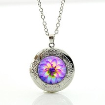 Pink Flower Cabochon LOCKET Pendant Silver Chain Necklace USA Ship #112 - £11.73 GBP