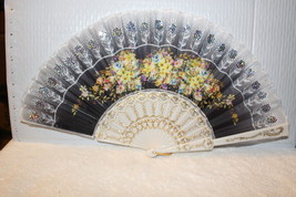 FAN ( SMALL HAND TYPE FAN ) WITH FLOWERS FLOWER SEQUINS C5 - £6.20 GBP