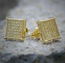 Canary Yellow 14k Gold Mens Square Stud Cluster Earrings Simulated Diamonds - £34.38 GBP