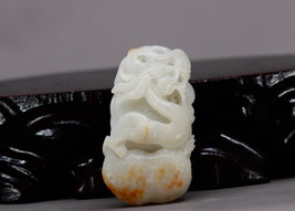Chinese White Hetian Jade Pendant w Dragon &amp; Peanut - £125.82 GBP