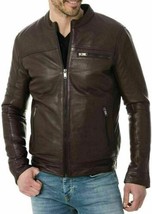 Men&#39;s Brown Real Soft Lambskin Bomber Leather Jacket Handmade Biker Motorcycle - £84.40 GBP