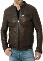 Men&#39;s Brown Real Soft Lambskin Bomber Leather Jacket Handmade Biker Motorcycle - $107.30