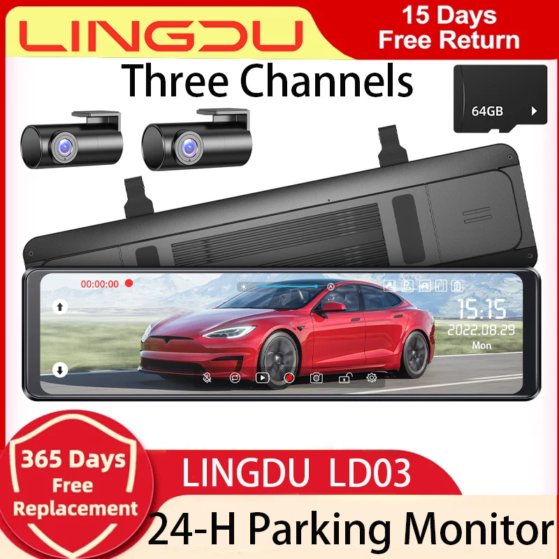 LINGDU LD03 12&quot; Full Touch Screen Mirror Dash Cam With Detached Camera FHD 1080P - £142.56 GBP+