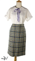 Vintage Pencil Skirt - Blue &amp; Tan Plaid Wool - Lined - Waist 29&quot; - Hey Viv - £22.38 GBP