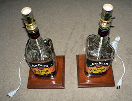 Jim Beam Honey Whiskey Liquor Bottle TABLE LAMPS with Wood Bases (2) - £98.44 GBP