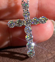 2Ct Rund Schliff Moissanit Kreuzanhänger 18 &quot; Kette 14K Weiß Vergoldet - $118.00