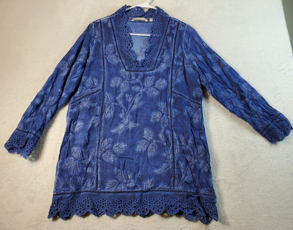 Primary image for Soft Surroundings Blouse Top Womens Size Small Blue Palm Leaf Long Sleeve V Neck