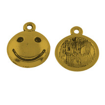 5 Smiley Face Charms Antiqued Gold Emoji Pendants Smile Jewelry Making 17mm - £2.00 GBP