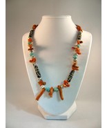 Bone, Coral and Turquoise Beads with Sterling Silver Necklace RKS437 - £67.94 GBP