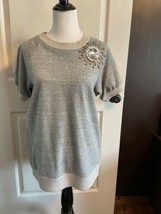 NWOT PETER SOM Gray Cotton Blend Short Sleeve Top Embellishment SZ L - £114.48 GBP