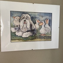 Bearded Collie Picture with Sheep and Ducks Signed Print Vintage 1996 14 x 11 - £18.19 GBP