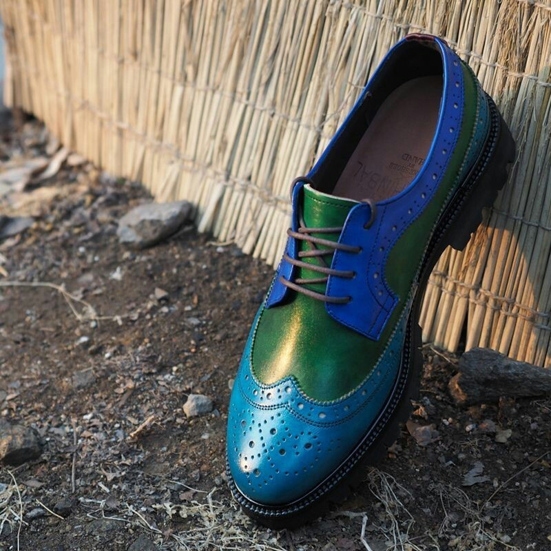 New Handmade Men Blue and Green Leather shoes,Wingtip Dress leather shoes