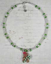 Gingerbread Man Necklace Holiday Glass Pearl Crystal Handmade Green White New - £12.55 GBP
