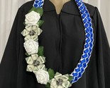 Graduation Money Lei Flower Blue &amp; White Roses Leaves Four Braided Ribbons - $74.25