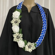 Graduation Money Lei Flower Blue &amp; White Roses Leaves Four Braided Ribbons - £59.21 GBP