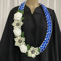 Graduation Money Lei Flower Blue &amp; White Roses Leaves Four Braided Ribbons - £59.35 GBP