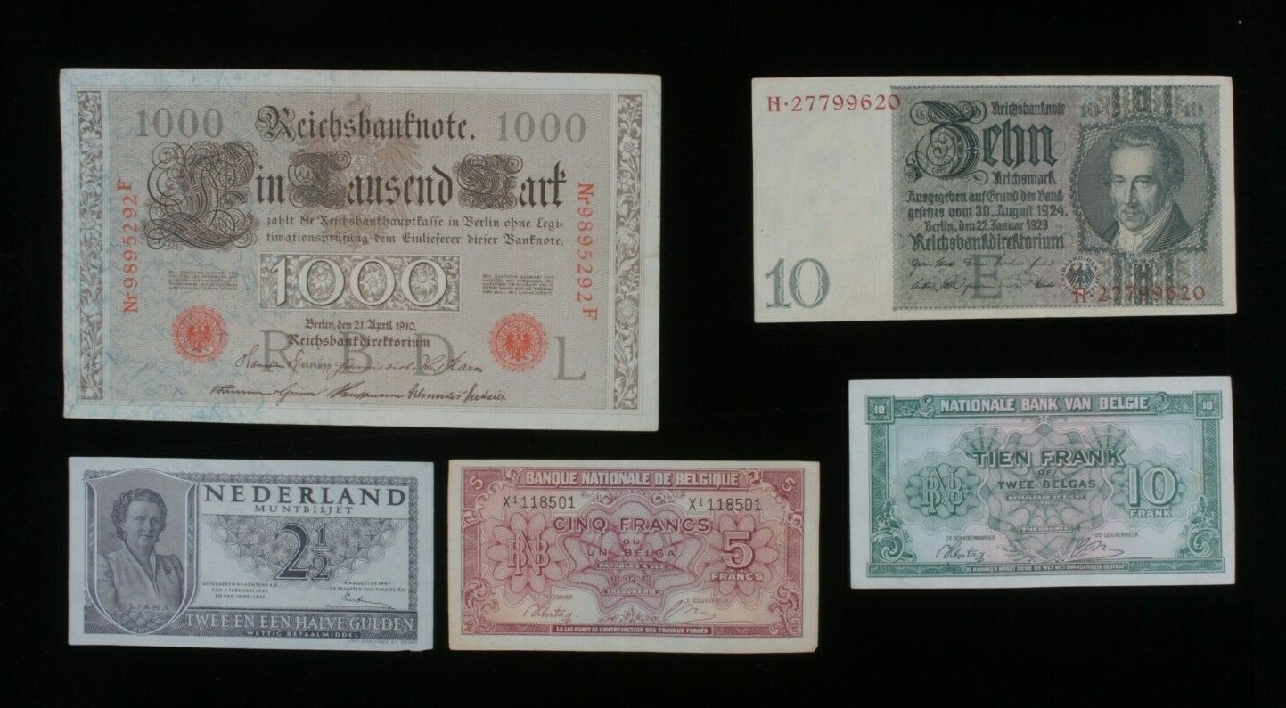 European Misc 5-Notes Lot Belgium Francs, Germany Mark & Netherlands Gulden Item image 3