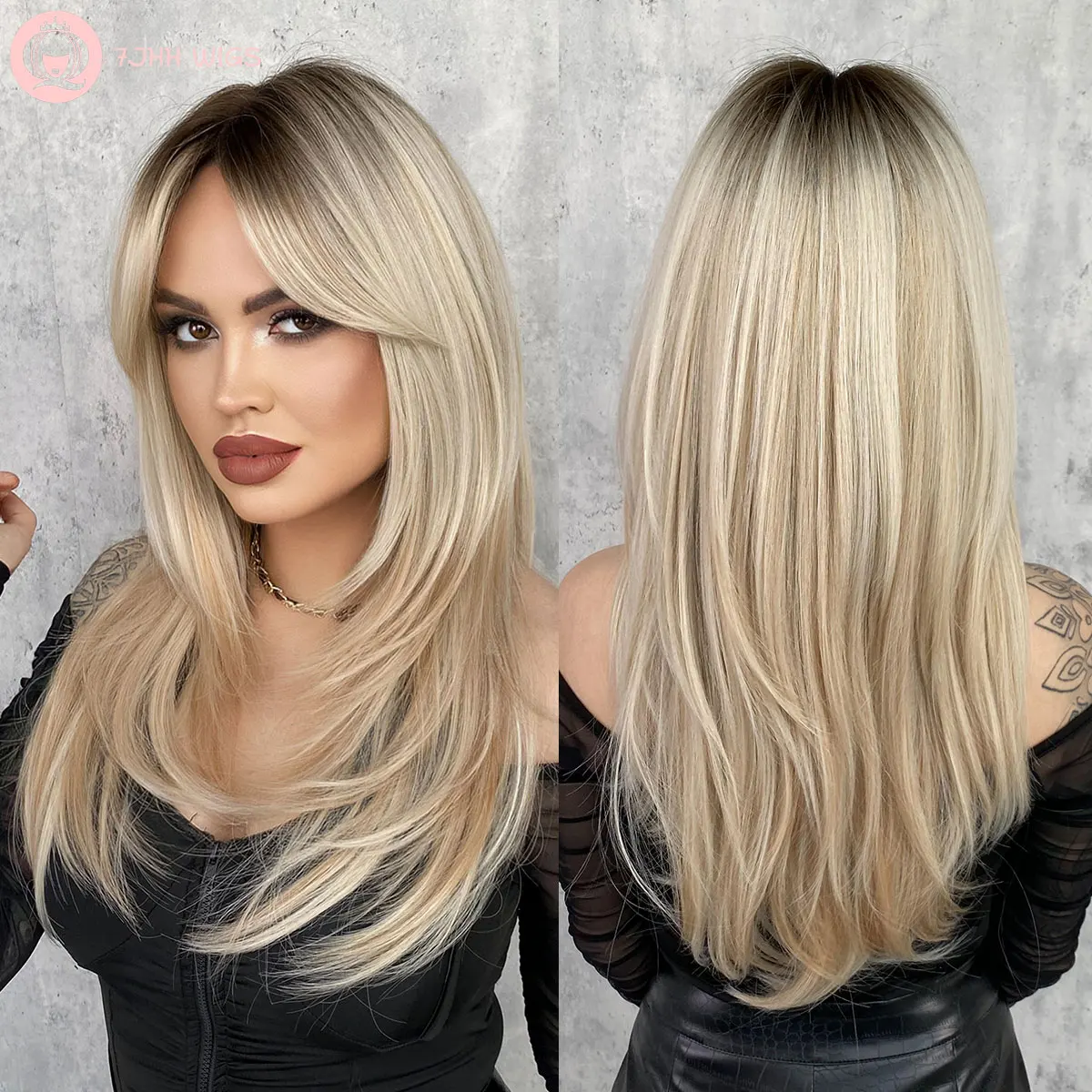 7JHH WIGS Natural Long Straight Ombre Wigs Synthetic Light Blonde Wig for Woman - £48.11 GBP+