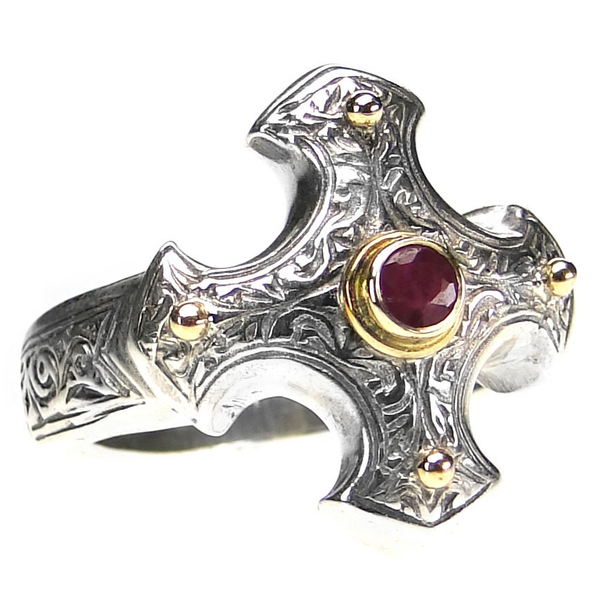  Gerochristo 2714 - Gold, Silver & Ruby - Medieval-Byzantine Cross Ring / size 7 - $420.00