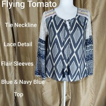Flying Tomato Ivory Lace Detail Navy Blue Print Flair Sleeves Top Size S - £7.87 GBP