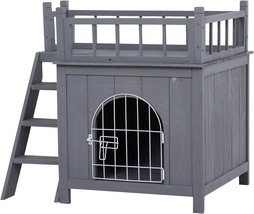 2-Level Wooden Cat House, Outdoor Dog Shelter Cat Condo with Lockable Wir - $150.99