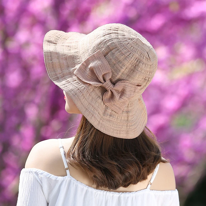 Women Big Bow Bucket Hat Summer Large Brim Sunscreen Basin Cap Solid Color - £10.61 GBP