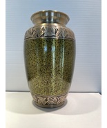 Olive Lacquer Spotted Brass Urn Adult Large Etched Foliage  - $69.99