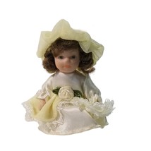 Miniature Porcelain Doll Dress Hat Yellow Flower 2.75&quot; Small Tiny Baby Brunette - £7.82 GBP