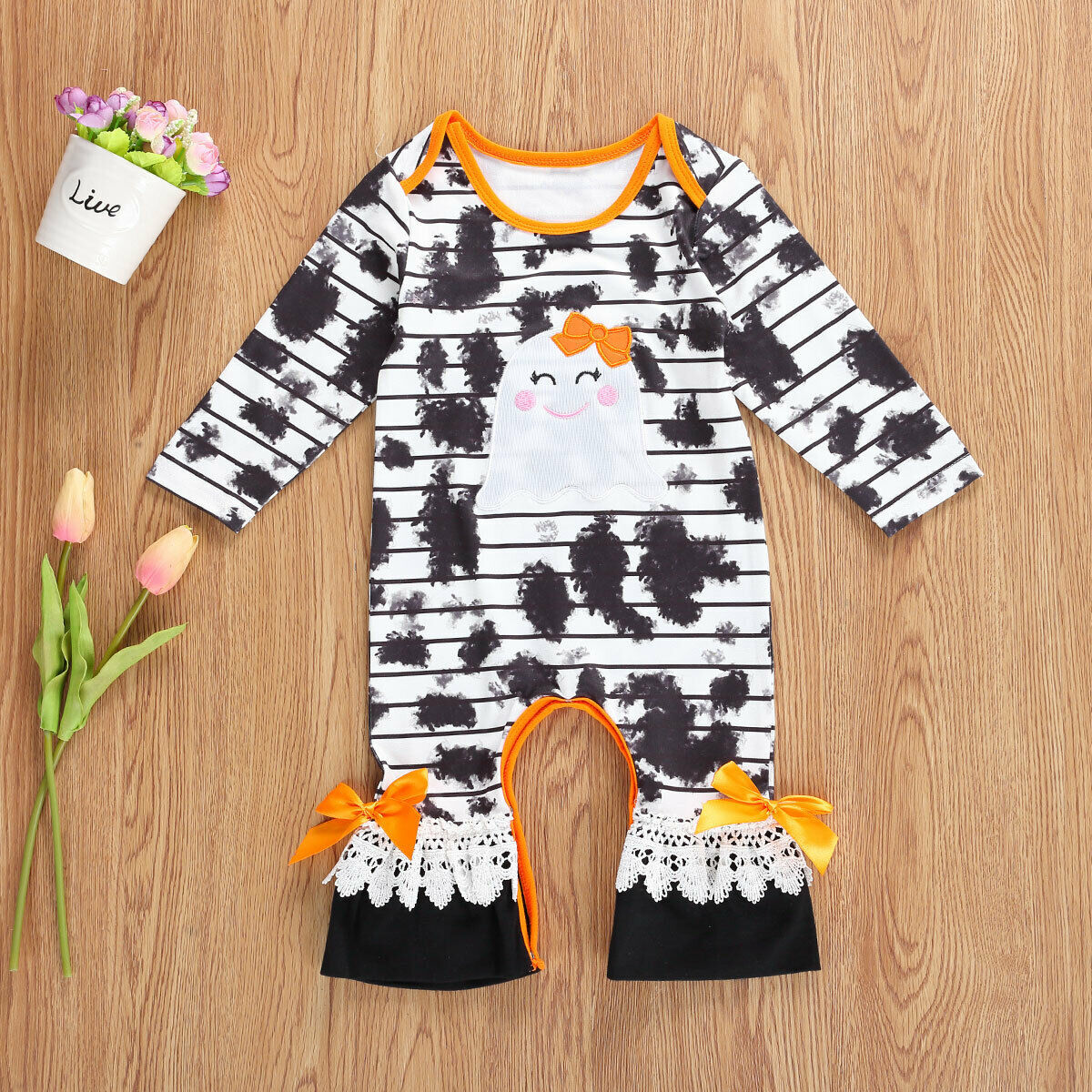 Primary image for NEW Halloween Ghost Baby Girls Tie Dye Ruffle Romper Jumpsuit