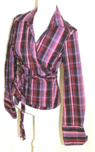 THE LIMITED PINK &amp; PURPLE PLAID BLOUSE LARGE CROSS OVER BELTED COLLARED ... - £10.12 GBP